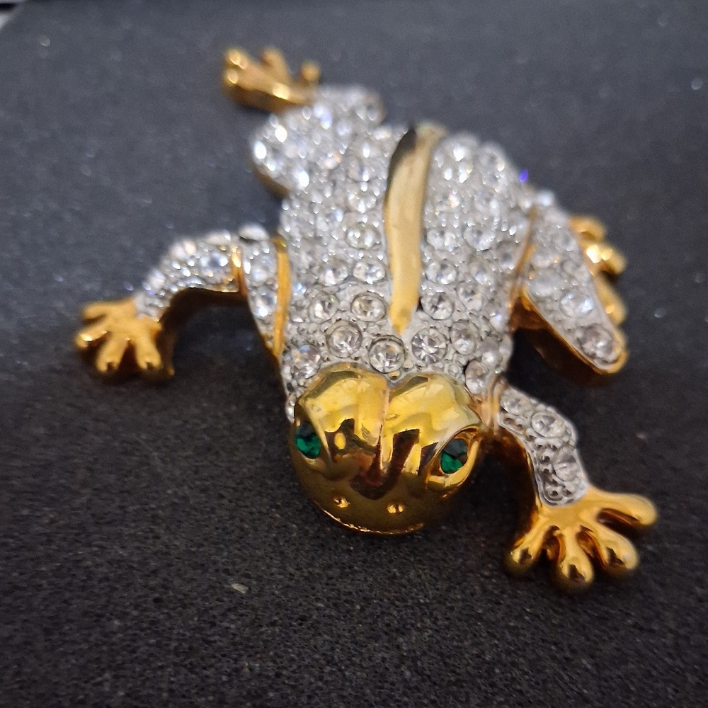 Vintage Gold Tone and Crystal Frog Large Brooch Pin